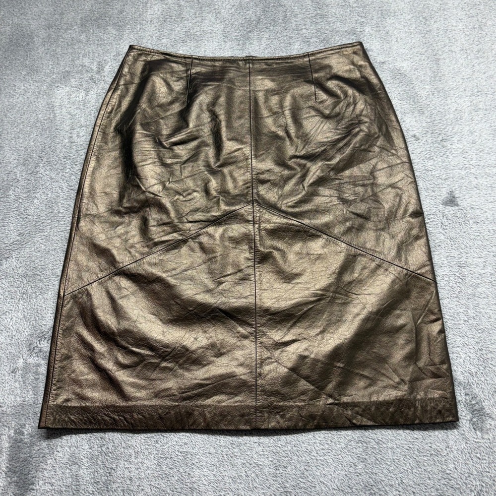Apostrophe Leather Skirt Women Size 10 Bronze Good Metallic Pencil Seam Detail
